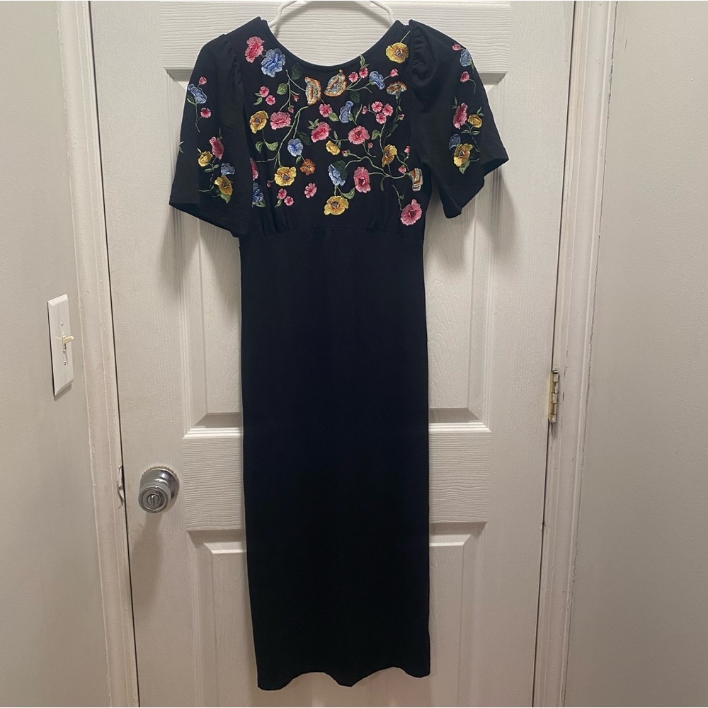 ASOS womens black floral embroidered surplice open back midi dress - Picture 3 of 6